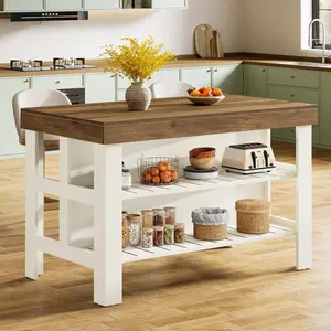 Tribesigns 55.1-Inch Farmhouse Kitchen Island With Storage And Seating, Perfect For Dining Rooms