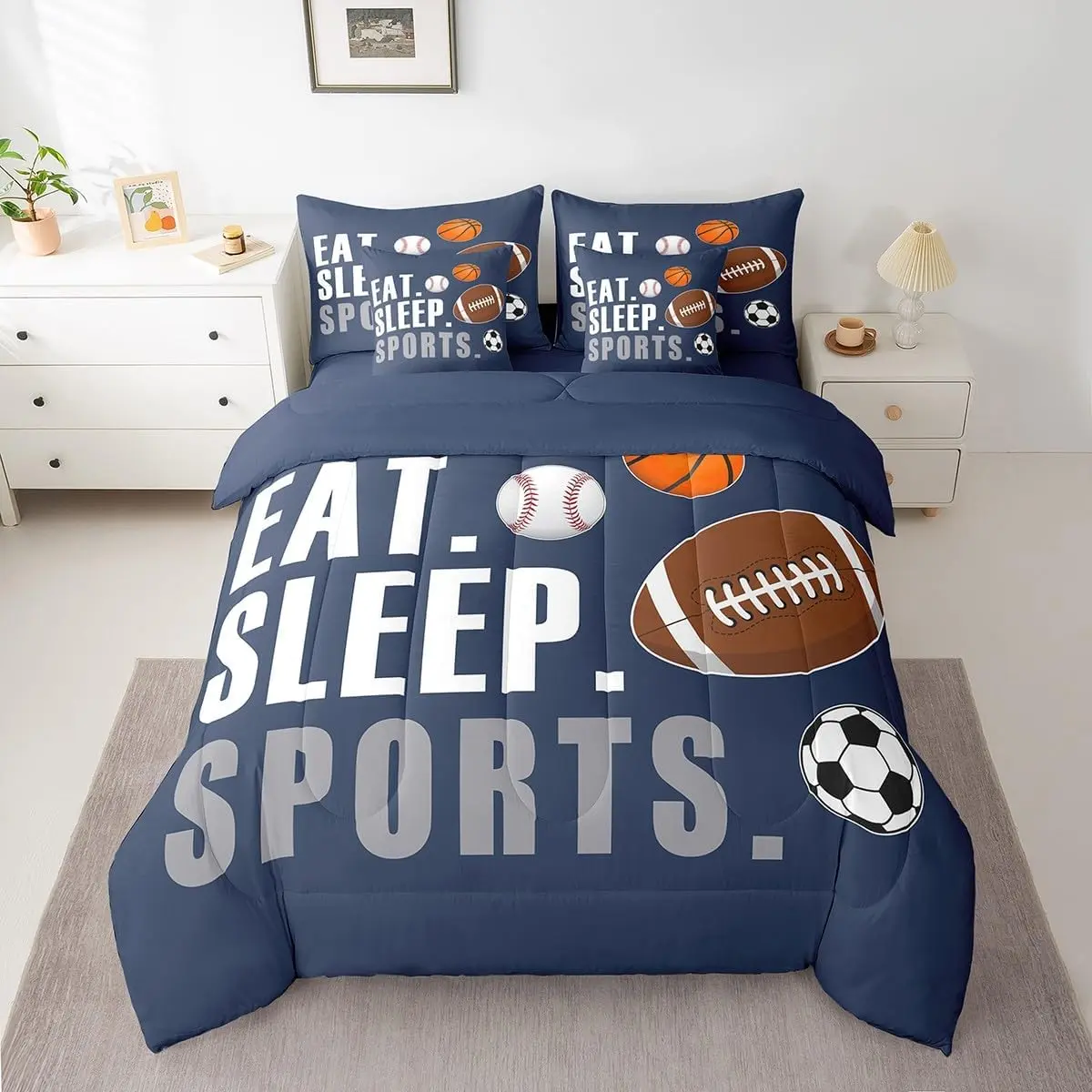 Feelyou 7-Piece Athletic Theme Bedding Set - Coordinated Navy Blue Bedding Sets Collections with Comfy Blankets, Sheets, Pillow Covers, Ball Games Designs (Football, Basketball, Baseball) and Matching Bedding