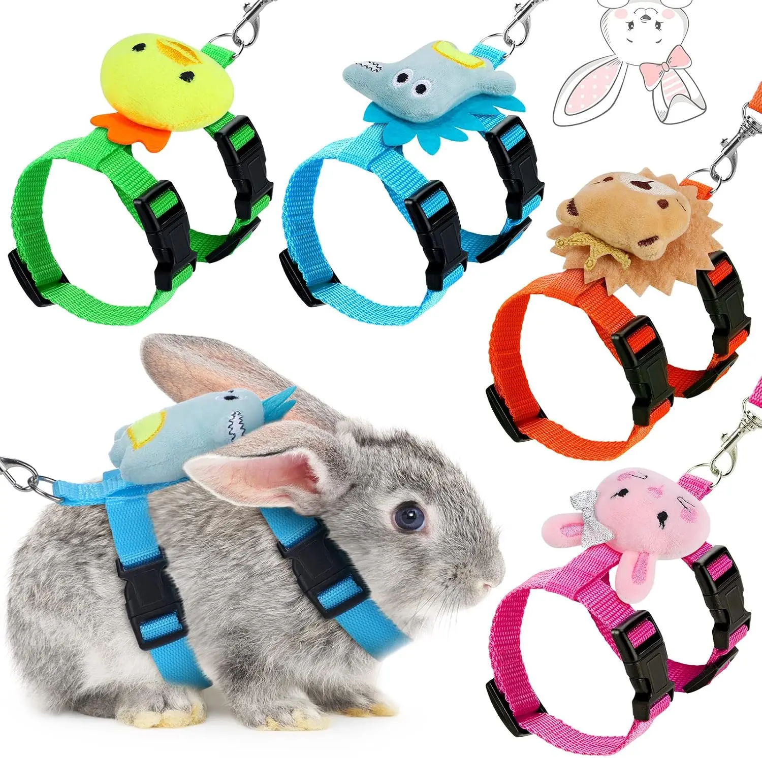 4pcs Escape Proof Rabbit Harness Leash Combo Colorful Adjustable Nylon Pet Walking Vest with Lovely Plush Decor for Bunny Ferret Chinchilla Small Pets Outdoor Walking Travel