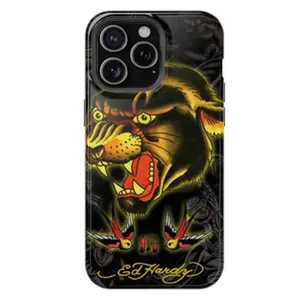 Pink Ed Hardy Skull Leopard Tattoo iPhone Case Aesthetic Y2k Trendy Tiger Ed Hardy Collage Phone Case
