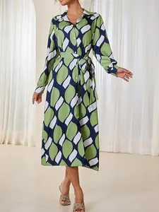 Women's All Over Print Belted Shirt Dress, Boho Casual Long Sleeve Collared Dress for Summer, Women's Clothing for Beach Holiday Vacation