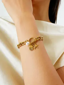 Hip Hop Ocean Style Bracelet, Versatile Luxurious Stainless Steel Shell Pearl Starfish OT Buckle, Women's Fashion Jewelry