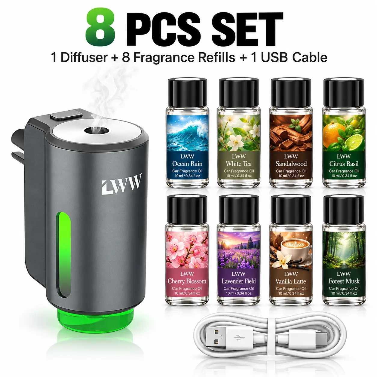 LWW Smart Car Air Freshener Diffuser Set, 3 Adjustable Scent Levels, USB Rechargeable Vent Clip Diffuser with 8 x 10mL Fragrance Refills, Up to 30-Day Battery Life