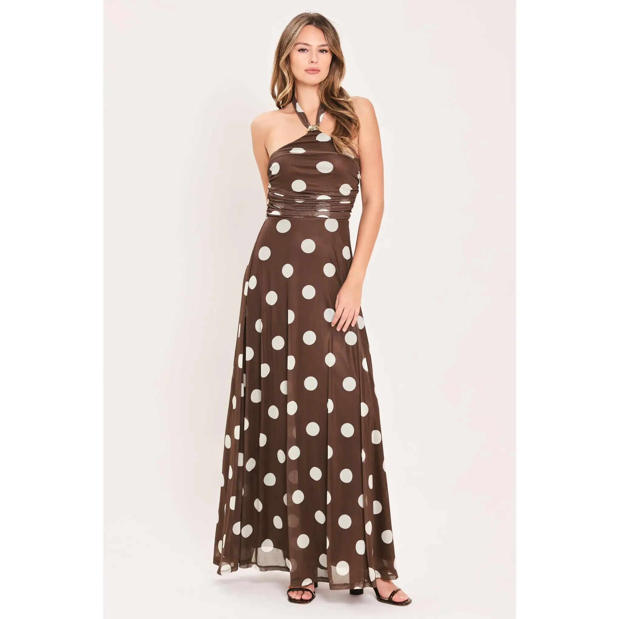 POLKA KISSES HALTER POWER MESH MAXI DRESS