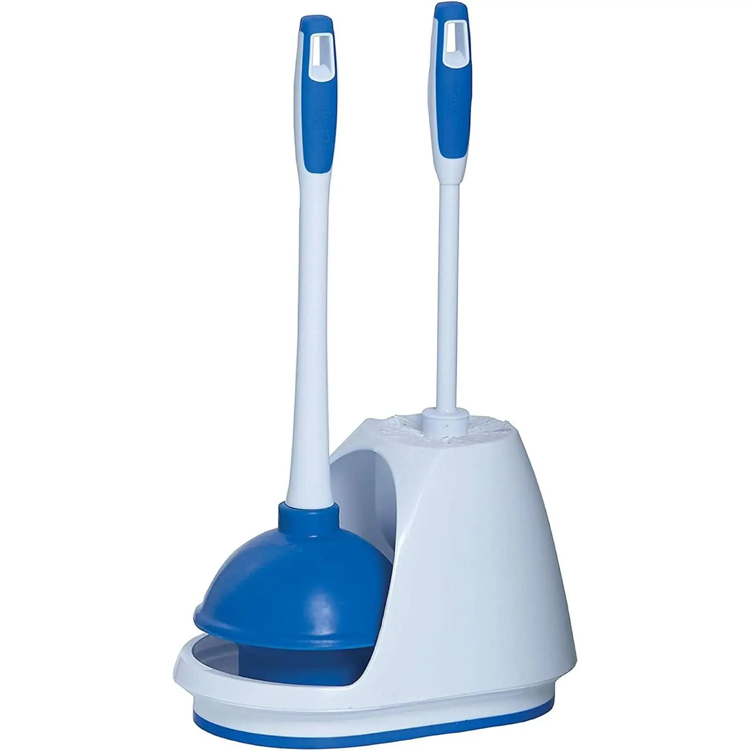 Heavy-Duty Toilet Plunger & Bowl Brush Combo with Caddy, 3-Piece Bathroom Cleaning Kit, Ergonomic Non-Slip Rubber Handle, Convenient Clogging Removal, Compact Storage White/Blue Set, 18.5x10.7x7.3" Dimensions