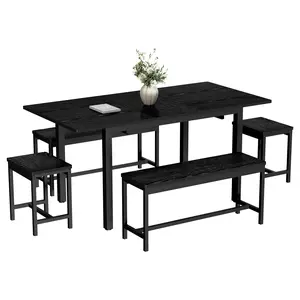 63" Extendable Dining Table Set for 6‑8 People, Modern Black MDF Top Dining Table with Sturdy Metal Frame, Includes 2 Benches & 2 Stools, Space‑Saving Large Dining Furniture for Kitchen & Dining Room, Easy Assembly