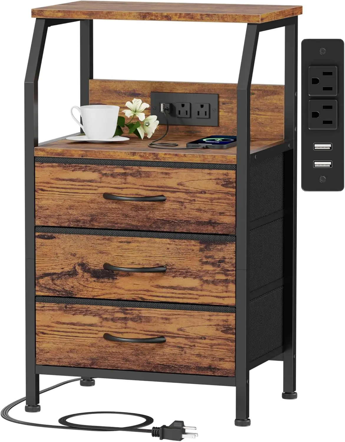 Night Stand with  Station, USB Ports and Outlets, 28.3 Inch Tall Bedside Table with  Shelf, 3 Fabric Drawers Side Table for Bedroom, 3 Ways to Use, Rustic Brown