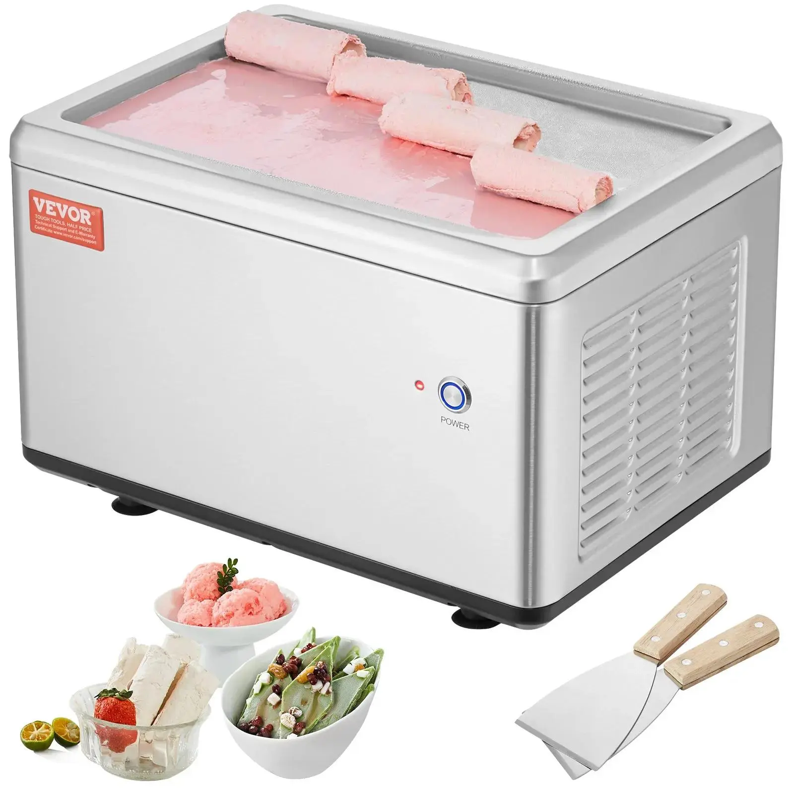 【Summerfinds】VEVOR Fried Ice Cream Roll Machine,  12.6" x 8.5" Stir-Fried Ice Cream Pan, Stainless Steel Rolled Ice Cream Maker with Compressor and 2 Scrapers, for Making Ice Cream, Frozen Yogurt, Ice Cream Rolls