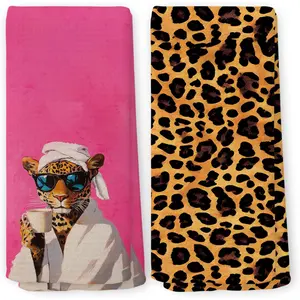 Leopard Drinking Coffee Bathroom Towels Set of 2, Dopamine Dining Room Kitchen Decor,   Lover Dish  Towels for Bath Room, Trendy Leopard Print Hand Towel 16x24 Inch