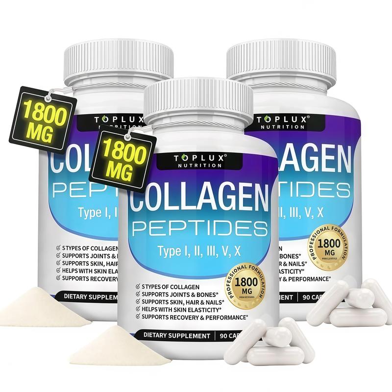 Nutrition Collagen Peptides 1800mg 5 Types Complex 90 Capsules US Made for Health Beauty & Fitness
