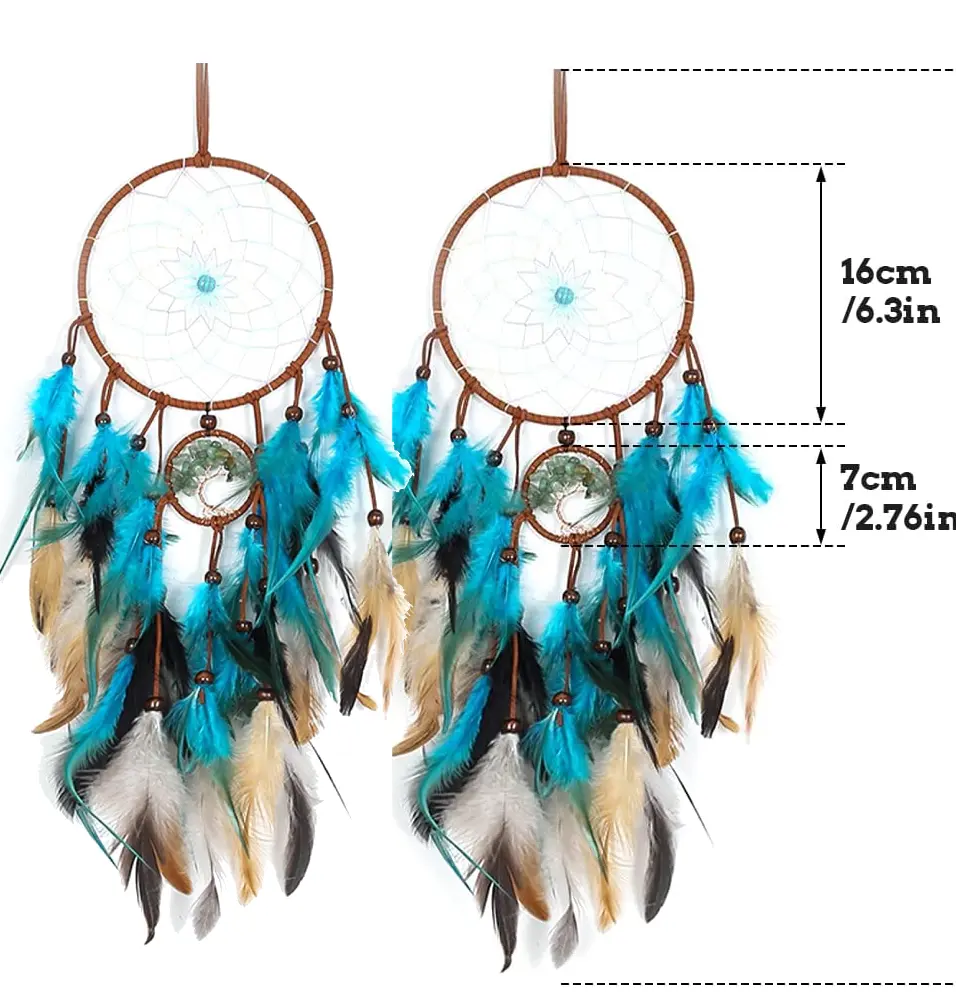 2PCS  Protect the sleeping individual from negative dreams ,Tree of Life Dream Catcher Feathers Handmade Traditional  Indians Blue Craft Boho Big Dream Catcher with Crystal Turquoise Hanging Ornament and Feathers Blessing Gifts