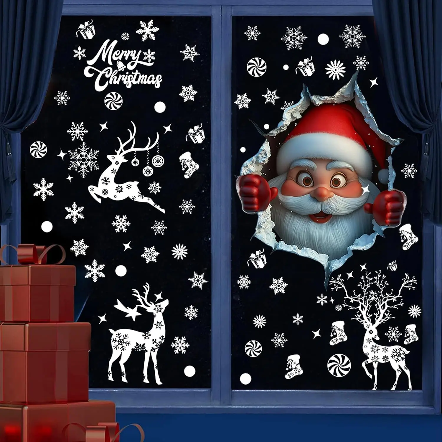 Christmas Window Clings Double Sided 3D Santa Claus Christmas Window Stickers Removable Reindeer Snowflake Vinyl Decals for Glass Windows, Home, Shop, Office, Holiday Party Decorations Xmas Decor