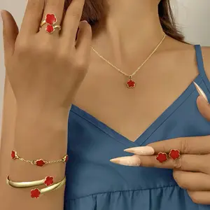 Five Piece Jewelry Set Colorful Leaf Flower Women Gold Plated Necklace Bracelet Bangle Ring Earrings Chain Elegant Gift