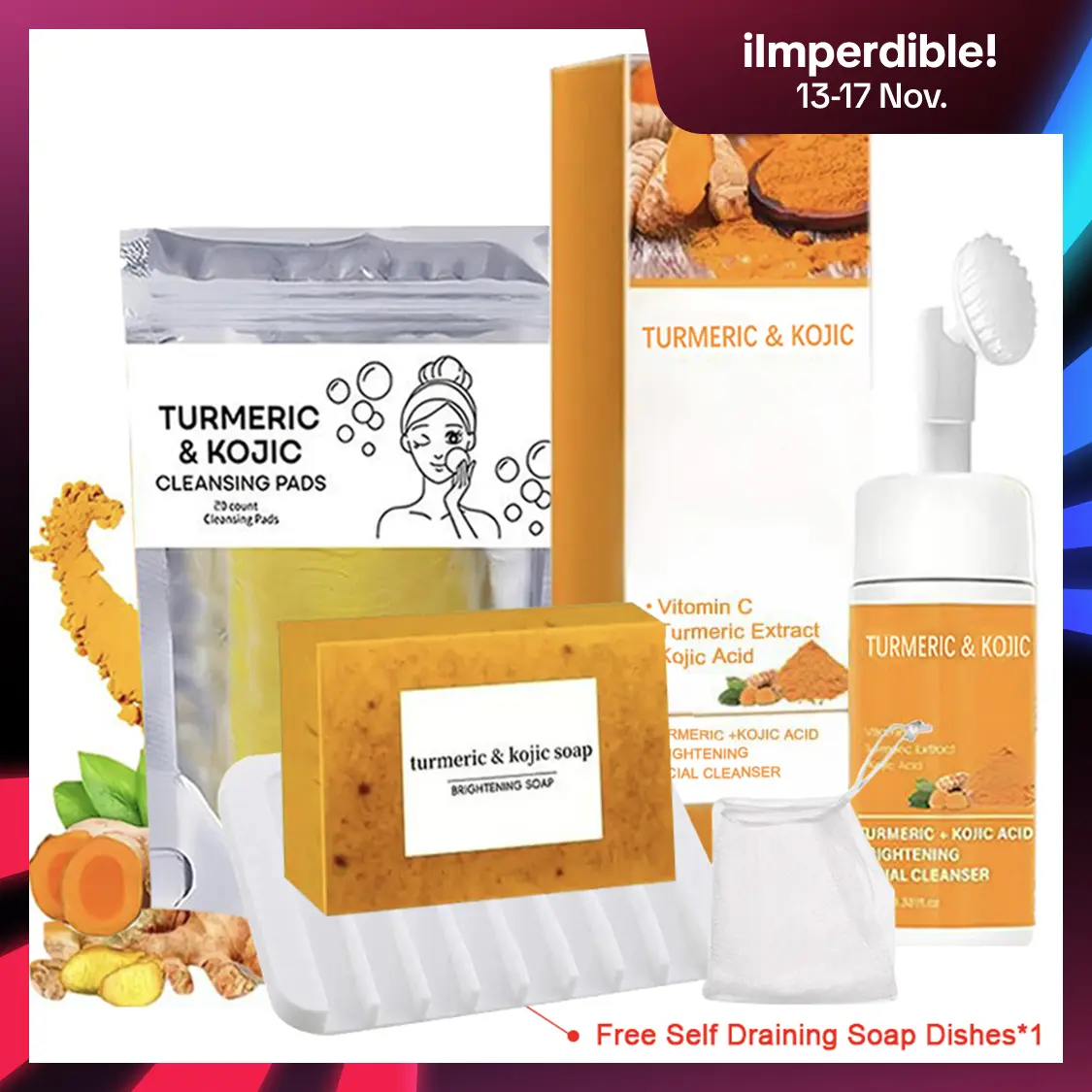 Turmeric Wash And Care 4 Piece Set, Turmeric Face Wash With Brush,soap dish Lemon Face Bar, Scrub Pads for Skin, Moisturizing Skincare Set for for Face and Body