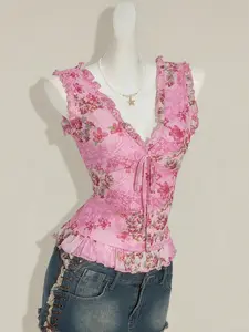 Summer Sexy Cute Floral V Neck Crop Top, Sleeveless Twist Design, Slim Fit Short Blouse with Tie Front, Women's Fashion Casual Wear