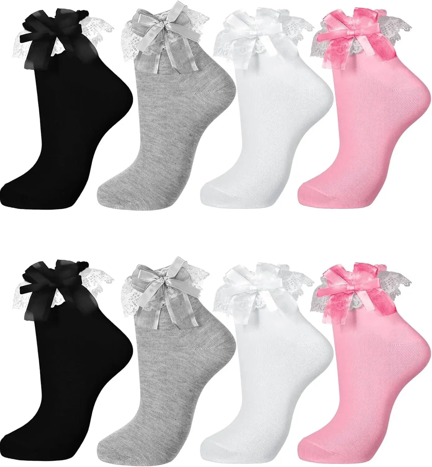 4 Pairs Women's Ruffle Ankle Socks Cotton Frilly Socks Cute with Bow
