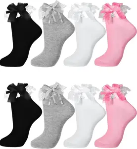 4 Pairs Women's Ruffle Ankle Socks Cotton Frilly Socks Cute with Bow