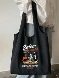 Witch Reading Club Print Fashion Women's Handbag, Y2K Shoulder Bag, Halloween Gift, Gothic Style Travel Pouch, Multifunctional Shopping Bag