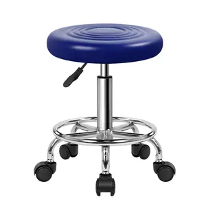 KKTONER PU Leather Modern Round Rolling Stool with Footrest Height Adjustable Spa Drafting Salon Tattoo Work Massage Stools Task Chair Small (Blue)
