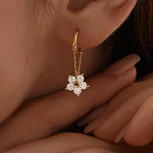 Dainty Flower Huggie Hoop Earrings Dangle Diamond Earrings Minimalist Bridesmaid Gift Christmas Present for Her​