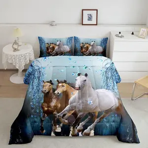 Horse Comforter Set,Cherry Blossom Branches Steed Dreamy Blue Luxury Bedding Set,Galloping Horse Comforter,3D Wild Animal Decor Quilt Set