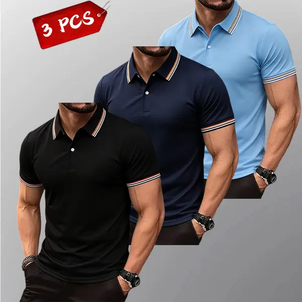 Men's 3-Pack Classic Polo Shirts - Breathable Knit Fabric Tops, Short Sleeve, Striped Cuffs, Tailored Cut, Wrinkle Resistant, Stylish Smart Casual, Sweat-Wicking, for Office, Golf, Athletic Use