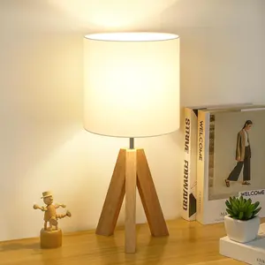 Small Beside Table Lamp Modern Mood Lighting Led Nightlight Wood Tripod Table Lamp with White Fabric Shade Cute Boho Nightstand Minimalist Desk Lamp for Bedroom Living Room Nursery Kids Room Office Dorm