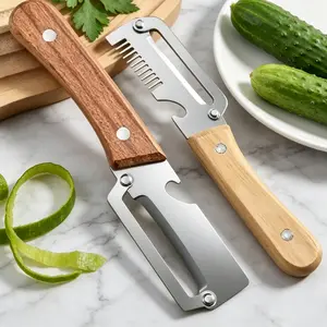 Multi-functional Kitchen Vegetable Peeler, Ultra-sharp Stainless Steel Blade with Wooden Handle, Built-in Bottle Opener, Safe and Practical, Ideal for Peeling All Kinds of Fruits and Vegetables (2 Pcs)