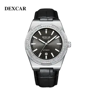 Silver Diamond Bezel Men Automatic Watch, Gradient Black Dial Date Window Black Croc Leather Strap Sport Business Mechanical Watch