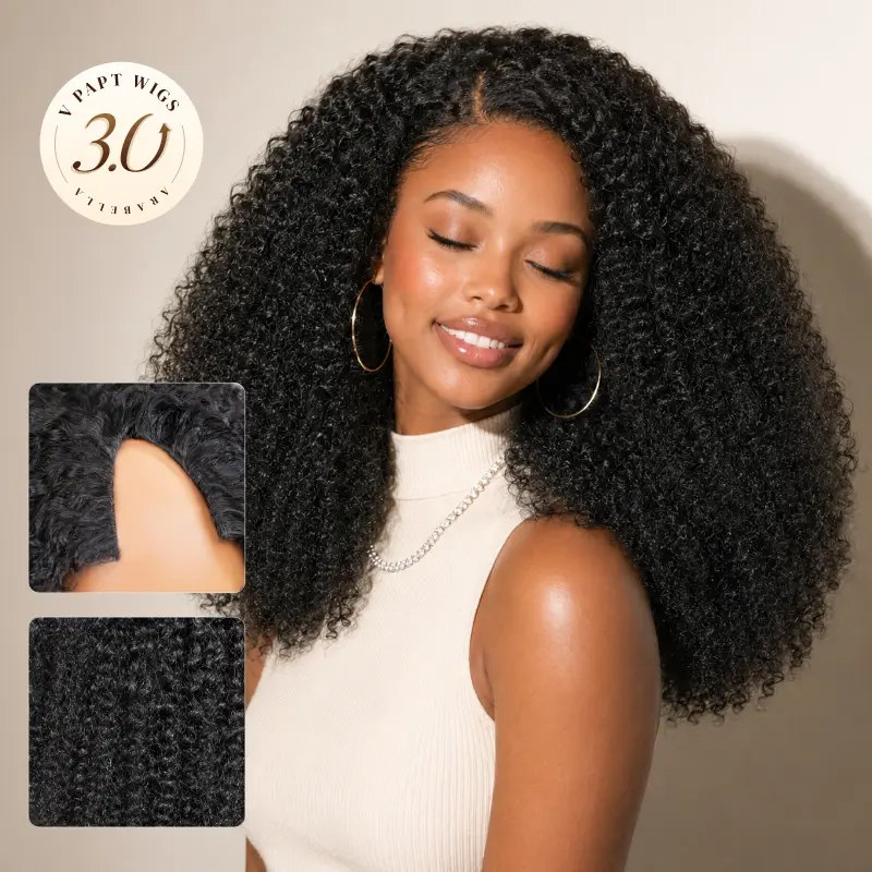Upgraded Arabella V-Part Wig Invisible Strap Natural Black Afro Kinky Curly Human Virgin Hair Real Hairline Scalp Protection Beginner Fridnely