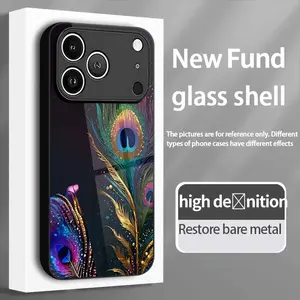 Phone case: Peacock Feather Colorful Shimmering Print Pattern Elegant Style Tempered Glass Phone Case with Minimalist Design, Compatible for iphone17 17Air 16 Pro 15 Promax 14 Plus 13 12 11