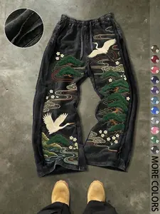 Men's Casual Loose Cotton Sport Pants, Athleisure Style Bottoms, Floral Print, Drawstring Waist, All Seasons, Street Style, Ideal for Outdoor & Holiday Gifts