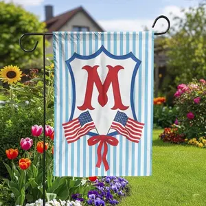 Patriotic Monogram Garden Flag _ Letter M Crest with American Flags _ Weather Resistant Yard Banner _ Personalized 4th of July Outdoor Decor