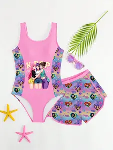 Girls' K-Pop Street Style Cartoon Swimsuit Set, Gradient Rainbow Tank Top & Swim Pants, Beach Swimming Costume