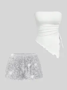 Women's Strapless Drawstring Crop Top Vest Set with Sequined Shorts, Spring Summer Fall Fashion, Versatile Trendy