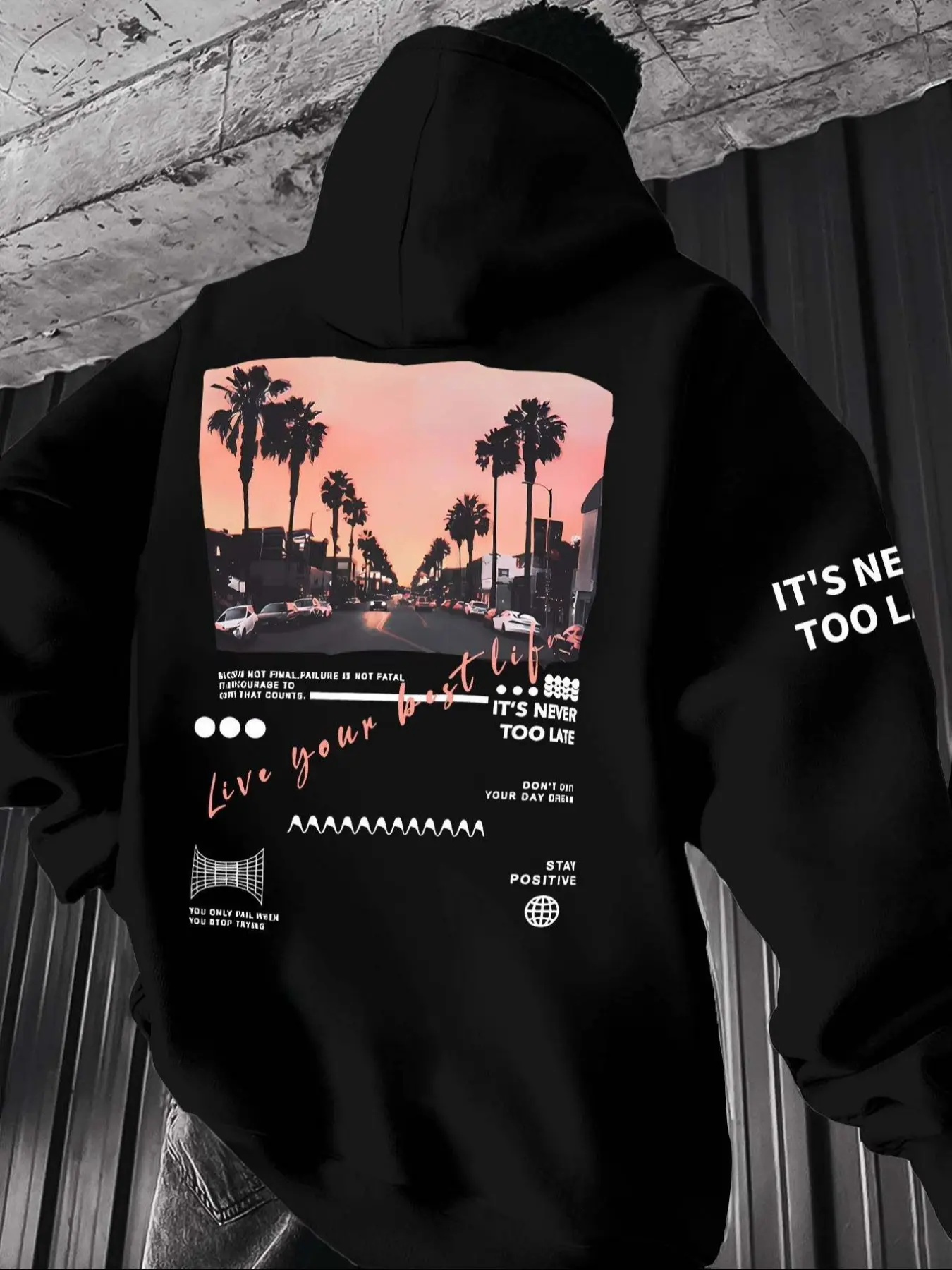 Men's Casual Loose Graphic Hoodie Sweatshirt, Letter Landscape Print, Fleece Lined, Fall & Winter Wear, Comfortable and Stylish Top, Casual Hooded Sweatshirt