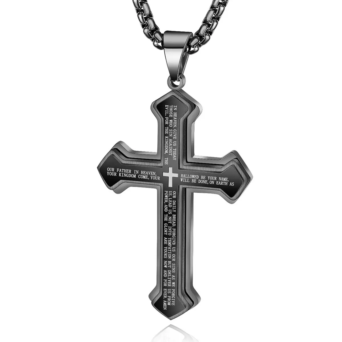 Men's Stainless Steel Nail Lord's Prayer Cross Pendant Necklace for Men Women Big Pendant and Strong Chain 24"