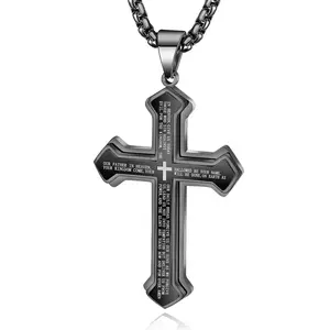 Men's Stainless Steel Nail Lord's Prayer Cross Pendant Necklace for Men Women Big Pendant and Strong Chain 24"
