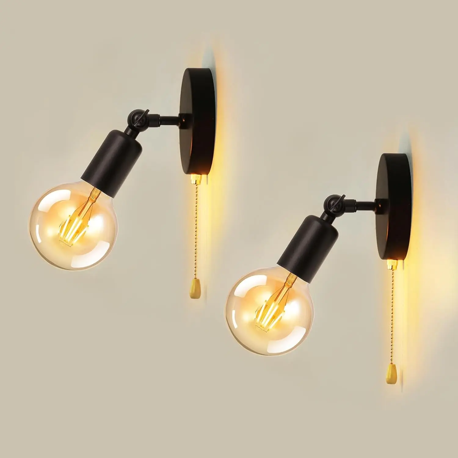 2-Pack Pull Chain Wall Sconce Adjustable, Hardwired Wall Light Fixtures with Switch Indoor E26 Small Black Sconces with Pull Switch for Kitchen Bedroom Hallway, No Bulb