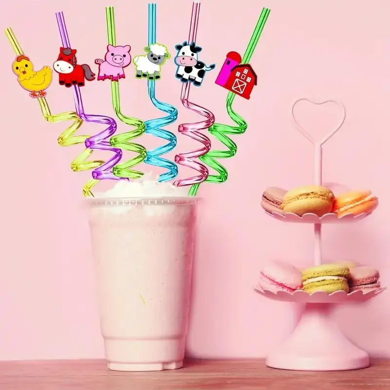10-Piece Reusable Straw Set, Cartoon Farm Animal Design, Perfect for Kids, Home Parties & Festive Occasions, Ideal Christmas Gift, Beverage Utensil