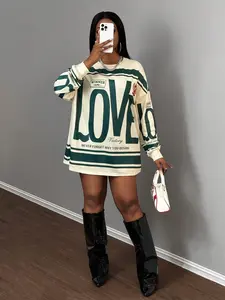 Casual Street American Retro New Style Round Neck Off-Shoulder Letter English Logo Printed Long-Sleeved Super Loose T-Shirt