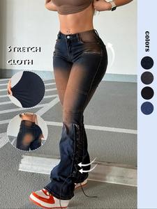 women's faded pocket button fly flare leg trousers, casual fashion street comfy lace up trousers for daily wear, ladies bottoms for all seasons, skinny womenswear, streetwear, stretchy skinny jeans