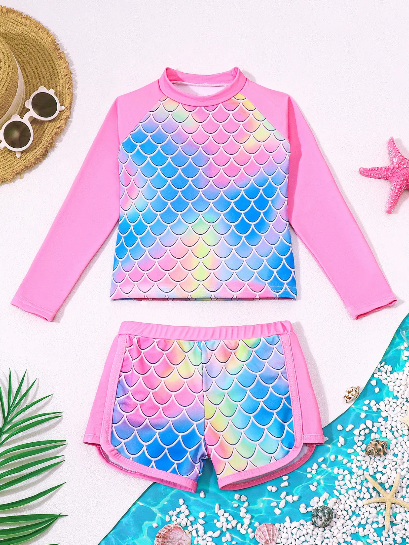Summer Girls' Tankini Swimwear Set, Fish Scale Print Design Swimming Clothes , Fashion Two-Piece Swimsuit, Stylish and Comfortable Beach Wear, Casual Summer Swimwear, Tankini Swimsuits, Swimwear Outfits