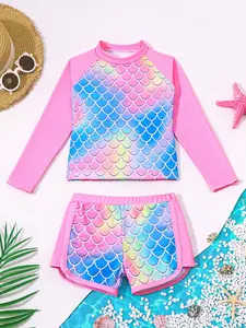 Summer Girls' Tankini Swimwear Set, Fish Scale Print Design Swimming Clothes , Fashion Two-Piece Swimsuit, Stylish and Comfortable Beach Wear, Long Sleeve Top, Swimwear Shorts