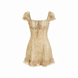 Cider Chiffon Square Neck Puff Sleeve Ruched A-line Mini Dress