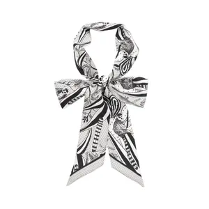 "Madagascar" Silk Twill Skinny Scarf - Black & White