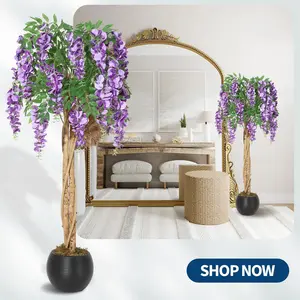 4 Feet Artificial Purple Bean Flower Tree, Purple Red Silk Fake Plant with Cement Pot - Lifelike Hanging Vine & Moss for Home Décor, Living Room, Office, Wedding, or Photo Backdrop