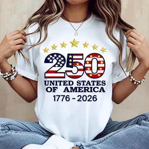 250 United States Of America 1776 2026 Flag Stars And Stripes Print T Shirt White Casual Loose Fit For Everyday Wear And Outdoor Activities