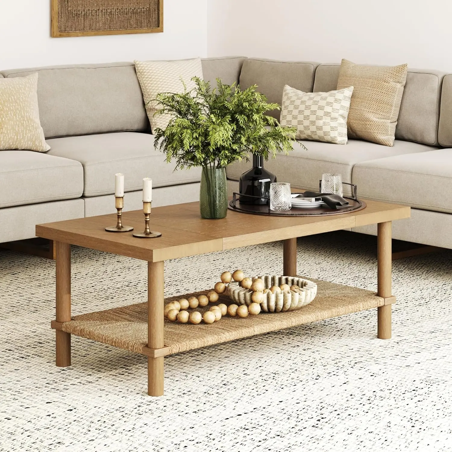 2-Tier Storage Cocktail Coffee Table with Shelf for Living Room, Light Brown/Seagrass