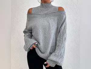 Women's Cold Shoulder Sweater - Sexy High Neck Cut Out Pullover Long Sleeve Top